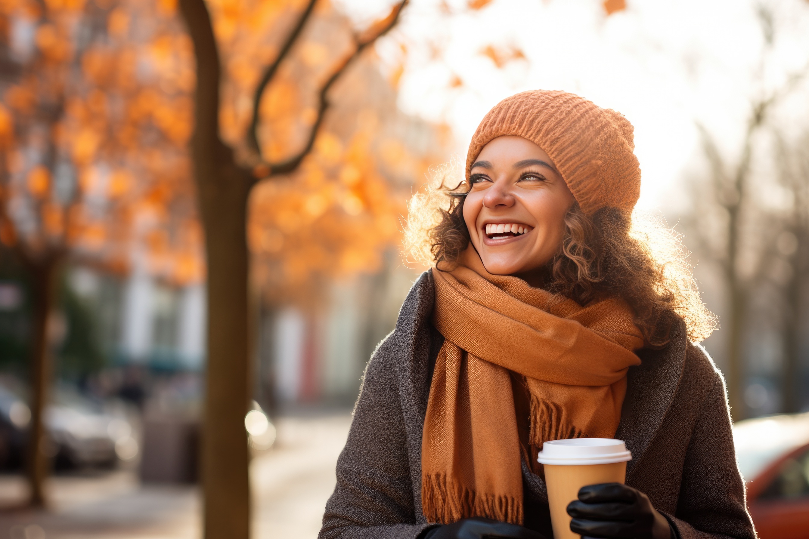 Woman wearing scarf and gloves and cup